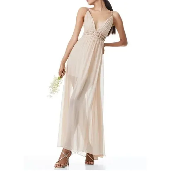 Alice + Olivia Rya Nude Silk Braided Cut Out Sheer Draped Maxi Dress size 10 - Picture 4 of 11